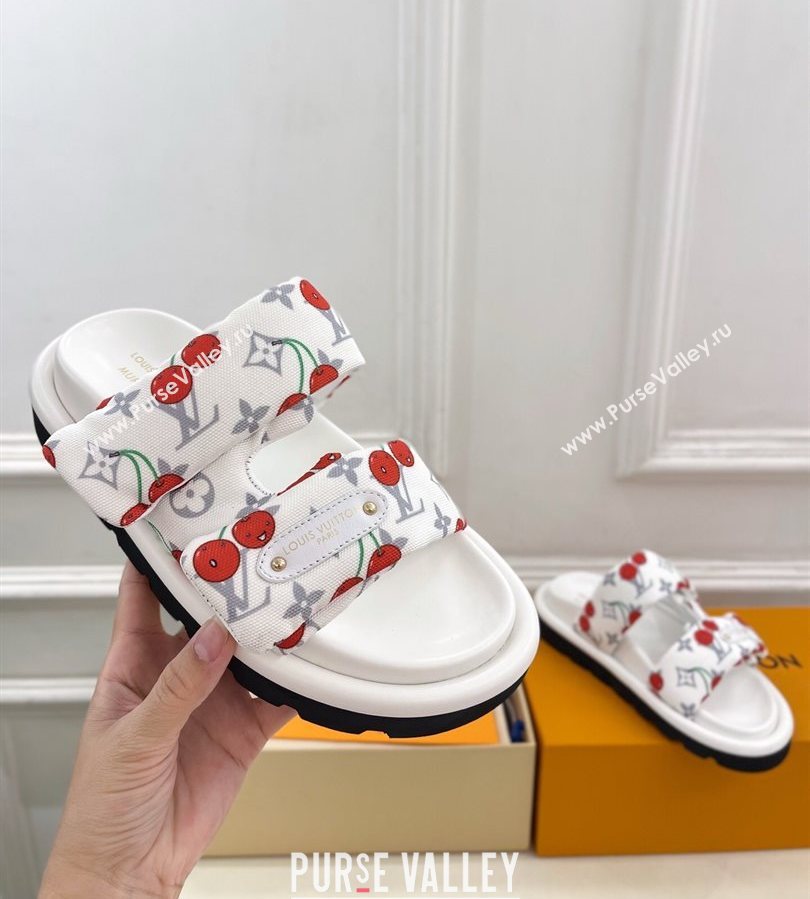 Louis Vuitton LV x TM Pool Pillow Flat Comfort Slides Sandal in White Cherry Fabric 2025 1AHME4 (MD-250712045)