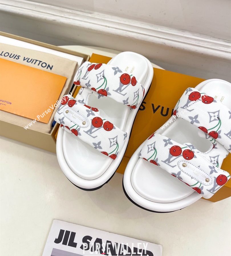 Louis Vuitton LV x TM Pool Pillow Flat Comfort Slides Sandal in White Cherry Fabric 2025 1AHME4 (MD-250712045)