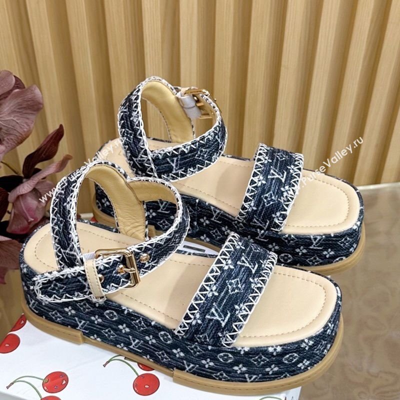 Louis Vuitton Maya Platform Sandals 7cm in Monogram Jacquard Dark Blue 2025 1AHNOK (MD-250829128)