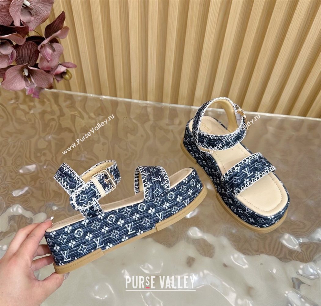 Louis Vuitton Maya Platform Sandals 7cm in Monogram Jacquard Dark Blue 2025 1AHNOK (MD-250829128)