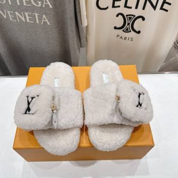 Louis Vuitton Shearling Flat Slides Sandal with Zip Pouch White 2025 LV082905 (MD-250829105)