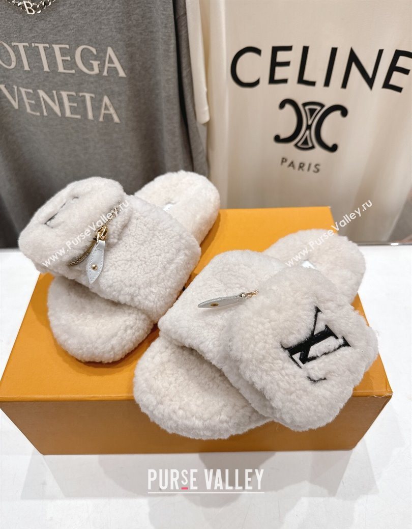 Louis Vuitton Shearling Flat Slides Sandal with Zip Pouch White 2025 LV082905 (MD-250829105)