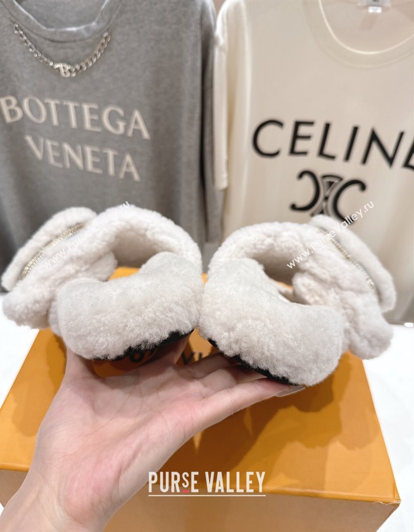 Louis Vuitton Shearling Flat Slides Sandal with Zip Pouch White 2025 LV082905 (MD-250829105)