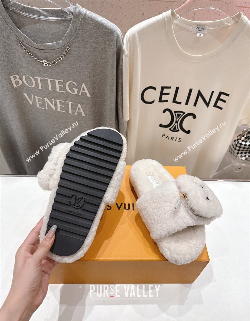 Louis Vuitton Shearling Flat Slides Sandal with Zip Pouch White 2025 LV082905 (MD-250829105)