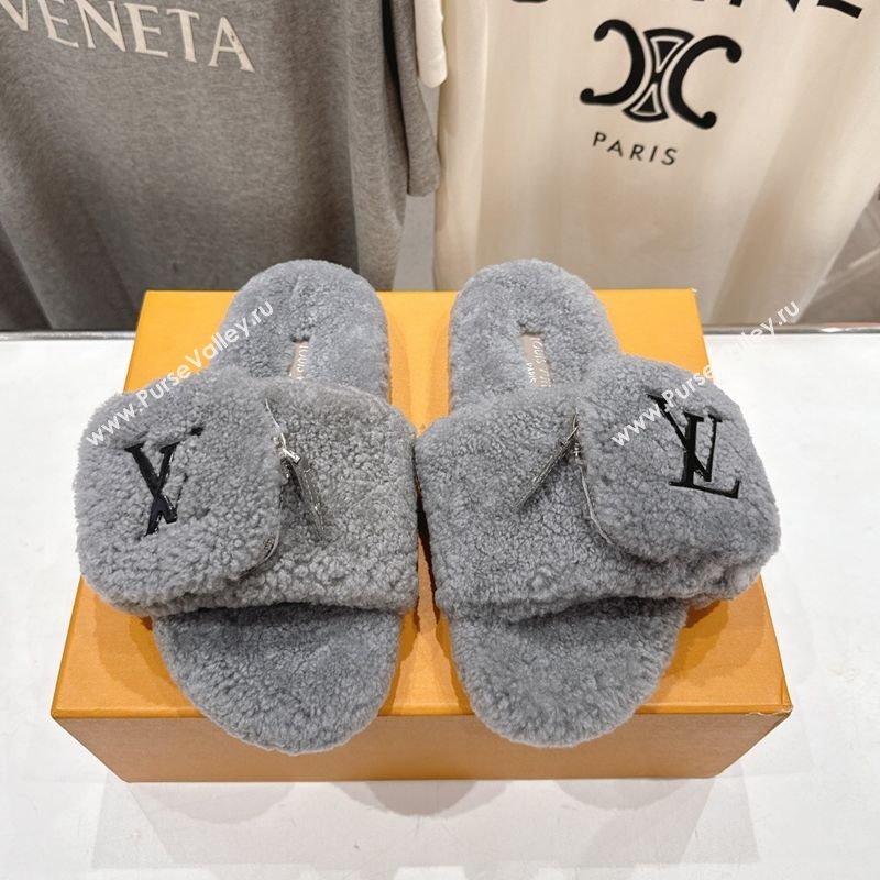 Louis Vuitton Shearling Flat Slides Sandal with Zip Pouch Grey 2025 LV082905 (MD-250829106)