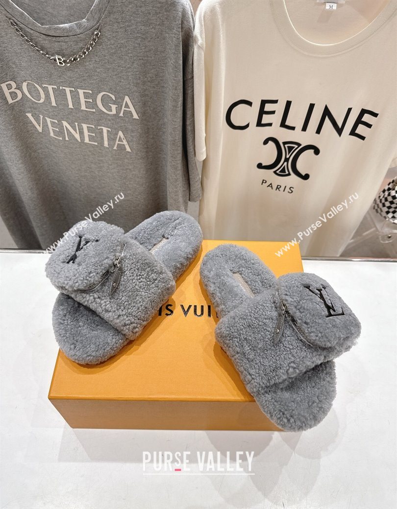 Louis Vuitton Shearling Flat Slides Sandal with Zip Pouch Grey 2025 LV082905 (MD-250829106)
