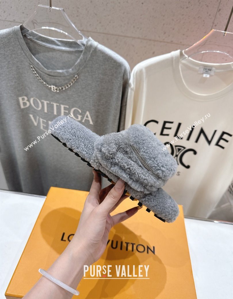 Louis Vuitton Shearling Flat Slides Sandal with Zip Pouch Grey 2025 LV082905 (MD-250829106)