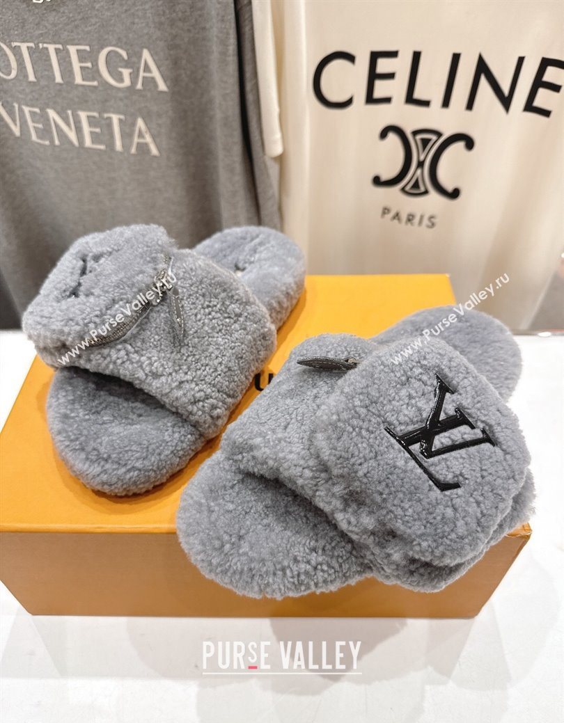 Louis Vuitton Shearling Flat Slides Sandal with Zip Pouch Grey 2025 LV082905 (MD-250829106)