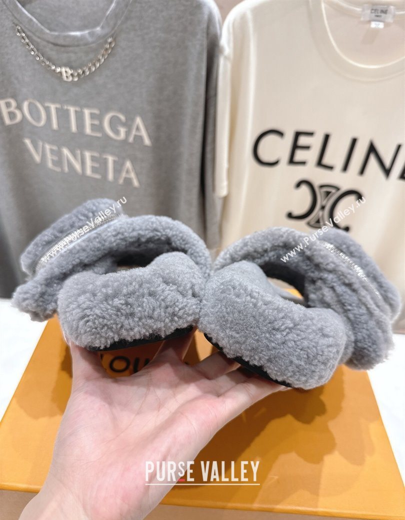 Louis Vuitton Shearling Flat Slides Sandal with Zip Pouch Grey 2025 LV082905 (MD-250829106)