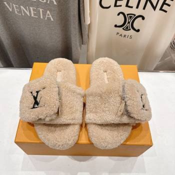 Louis Vuitton Shearling Flat Slides Sandal with Zip Pouch Beige 2025 LV082905 (MD-250829107)