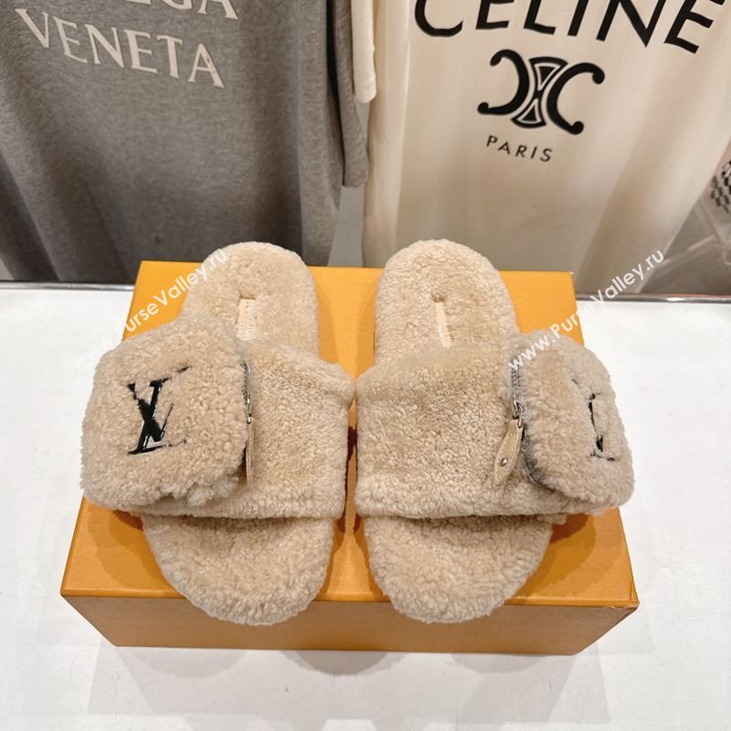 Louis Vuitton Shearling Flat Slides Sandal with Zip Pouch Beige 2025 LV082905 (MD-250829107)
