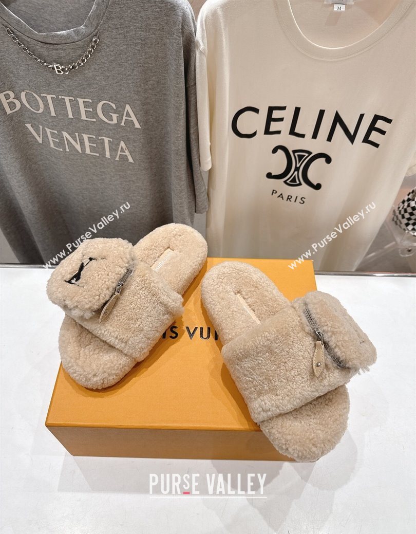 Louis Vuitton Shearling Flat Slides Sandal with Zip Pouch Beige 2025 LV082905 (MD-250829107)
