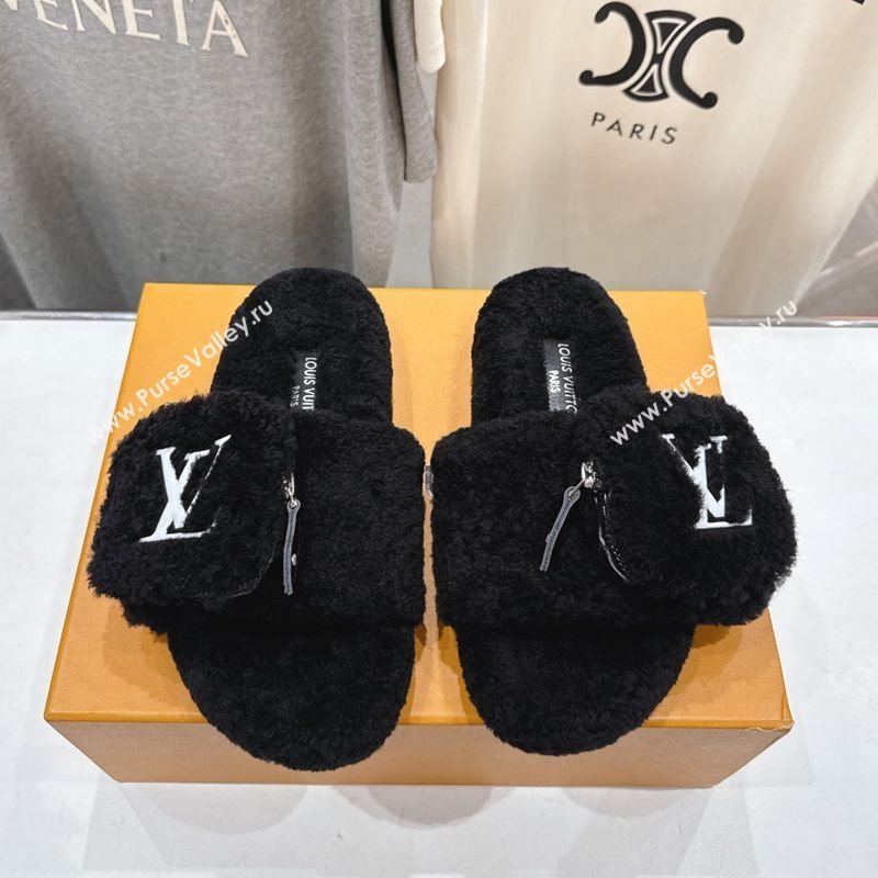 Louis Vuitton Shearling Flat Slides Sandal with Zip Pouch Black 2025 LV082905 (MD-250829108)