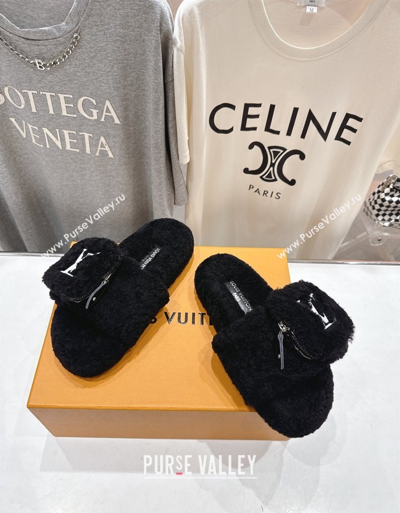 Louis Vuitton Shearling Flat Slides Sandal with Zip Pouch Black 2025 LV082905 (MD-250829108)