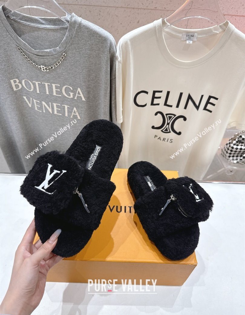 Louis Vuitton Shearling Flat Slides Sandal with Zip Pouch Black 2025 LV082905 (MD-250829108)