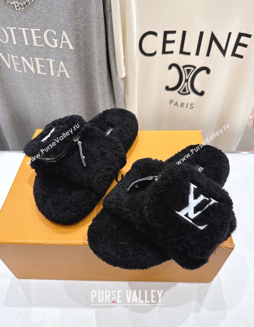Louis Vuitton Shearling Flat Slides Sandal with Zip Pouch Black 2025 LV082905 (MD-250829108)