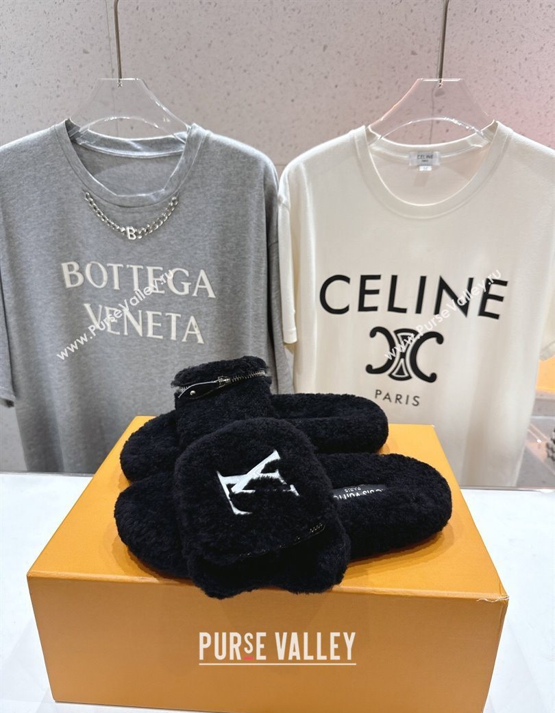 Louis Vuitton Shearling Flat Slides Sandal with Zip Pouch Black 2025 LV082905 (MD-250829108)