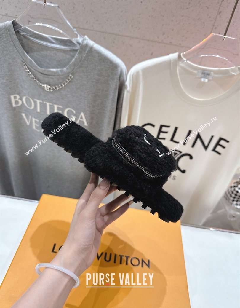 Louis Vuitton Shearling Flat Slides Sandal with Zip Pouch Black 2025 LV082905 (MD-250829108)