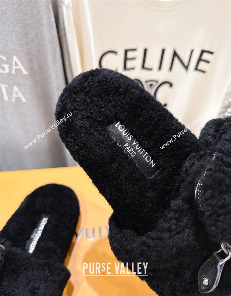 Louis Vuitton Shearling Flat Slides Sandal with Zip Pouch Black 2025 LV082905 (MD-250829108)