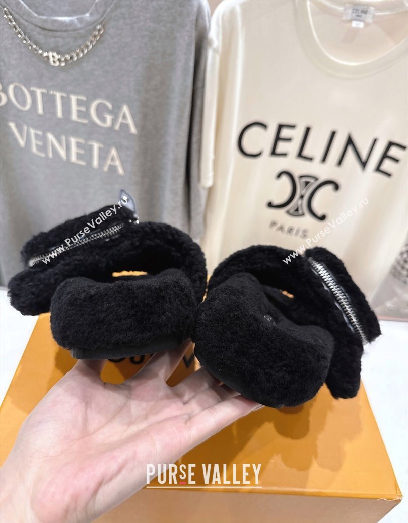Louis Vuitton Shearling Flat Slides Sandal with Zip Pouch Black 2025 LV082905 (MD-250829108)