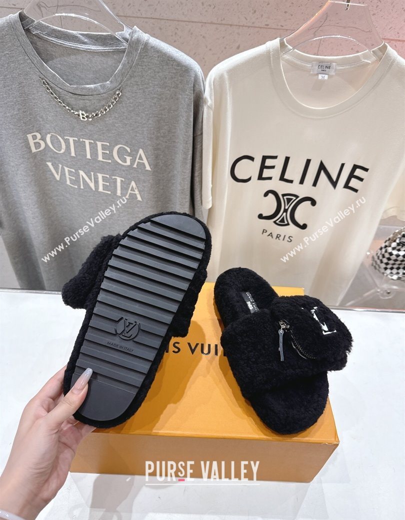 Louis Vuitton Shearling Flat Slides Sandal with Zip Pouch Black 2025 LV082905 (MD-250829108)
