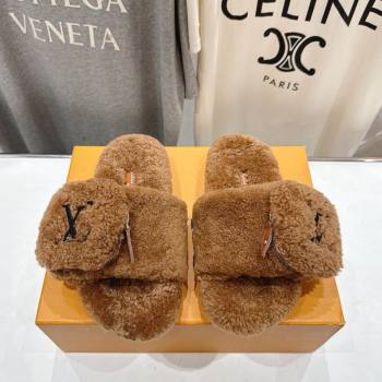 Louis Vuitton Shearling Flat Slides Sandal with Zip Pouch Brown 2025 LV082905 (MD-250829109)