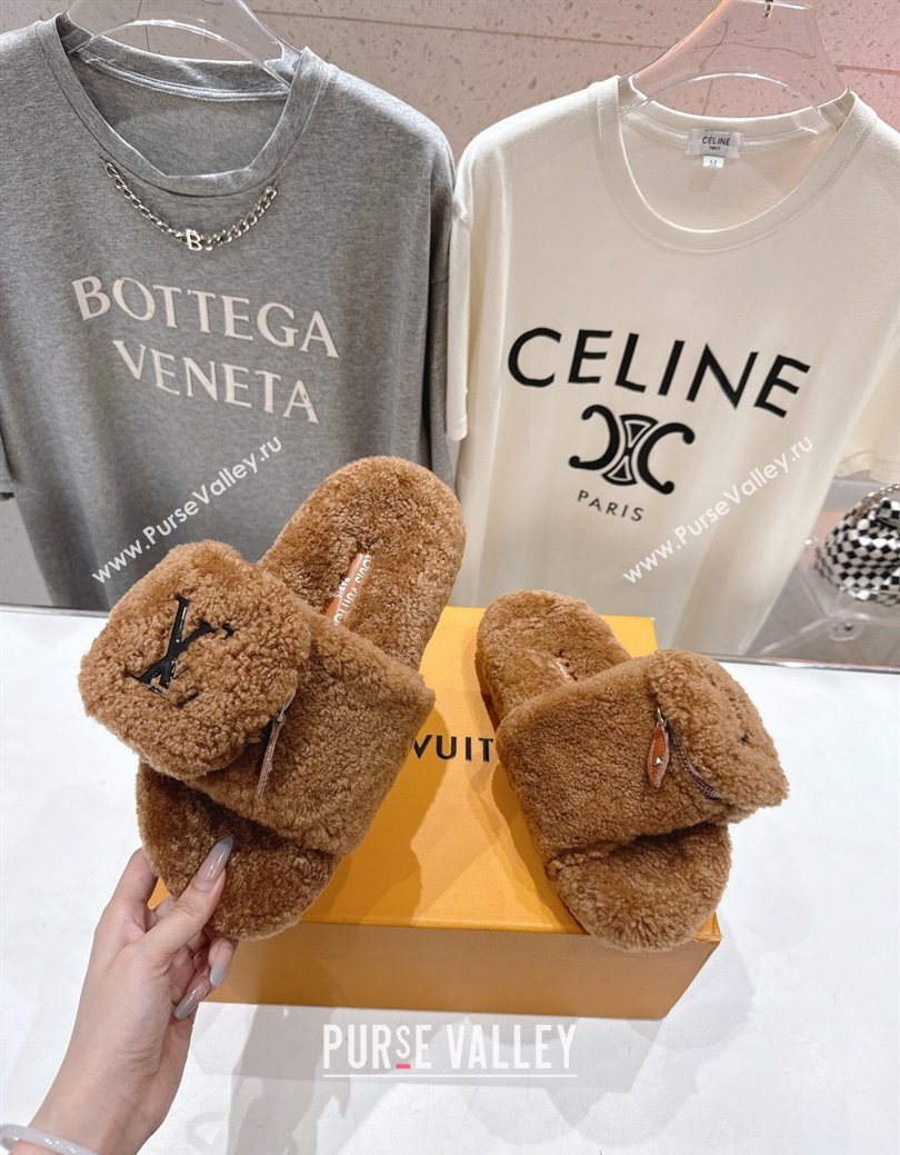 Louis Vuitton Shearling Flat Slides Sandal with Zip Pouch Brown 2025 LV082905 (MD-250829109)