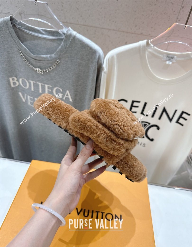 Louis Vuitton Shearling Flat Slides Sandal with Zip Pouch Brown 2025 LV082905 (MD-250829109)