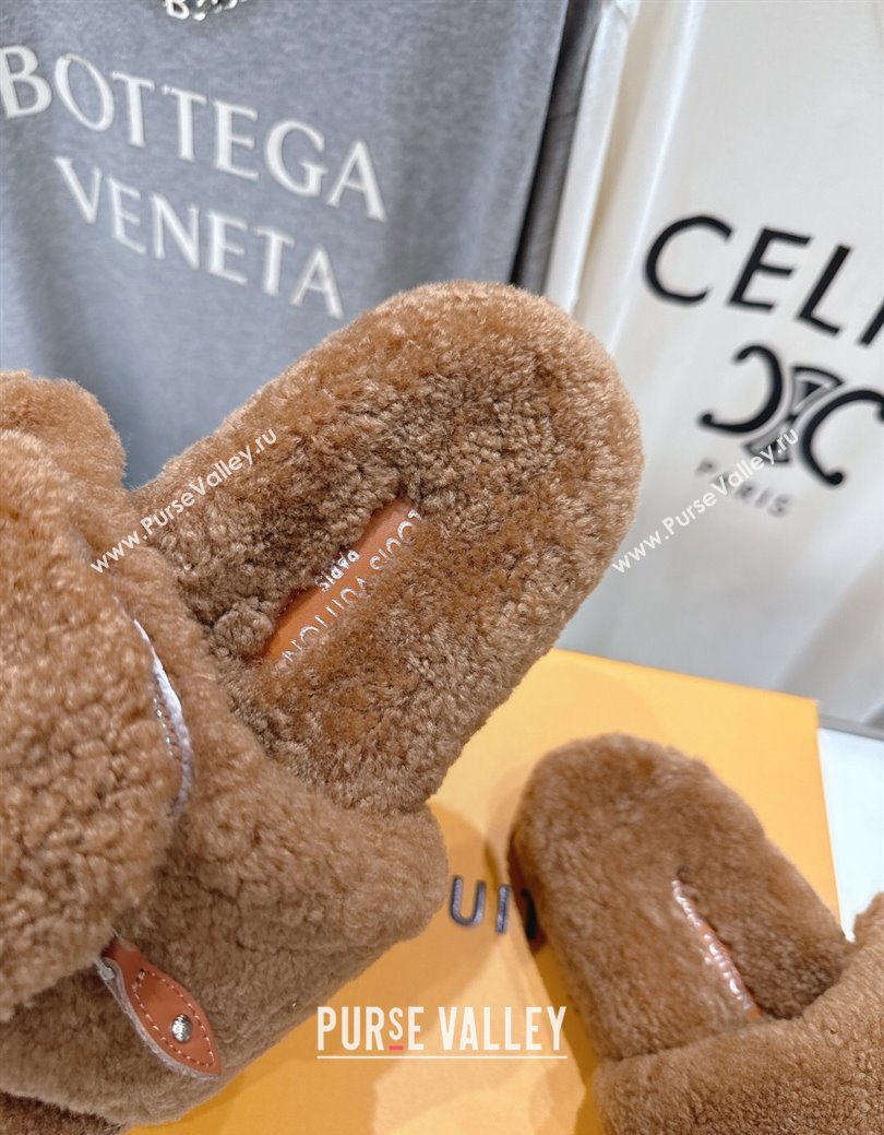 Louis Vuitton Shearling Flat Slides Sandal with Zip Pouch Brown 2025 LV082905 (MD-250829109)