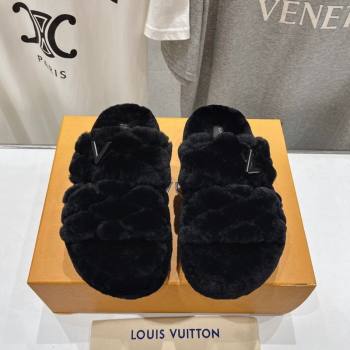 Louis Vuitton LV Bliss Comfort Shearling Platform Slides Sandal Black 2025 LV082906 (MD-250829115)