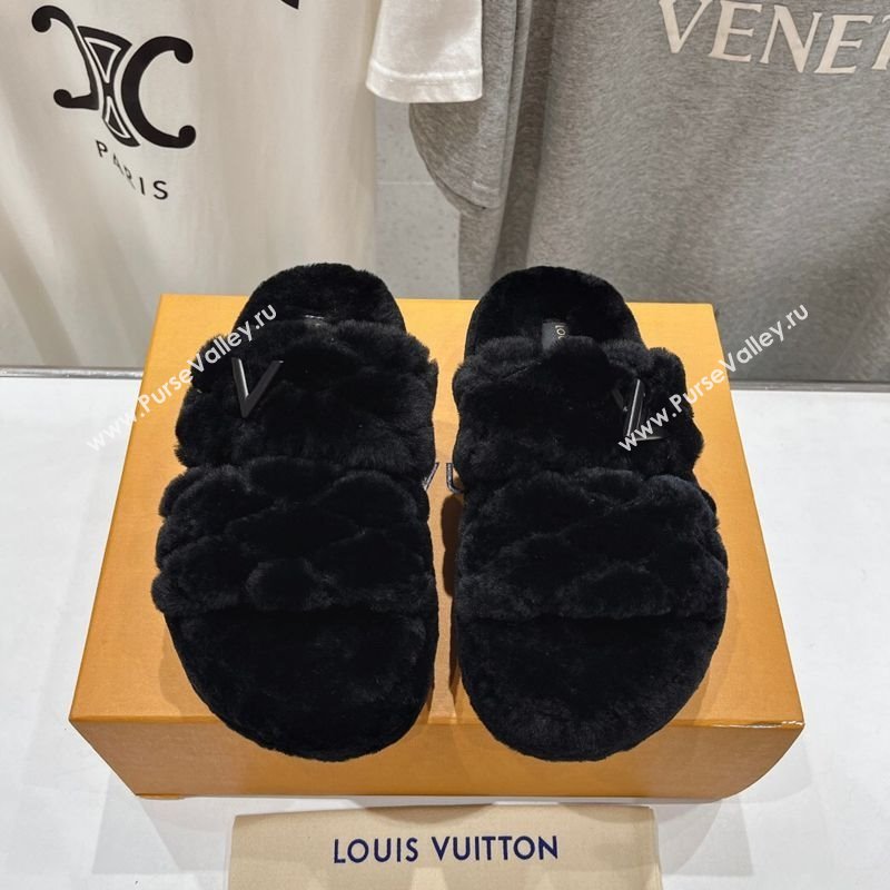 Louis Vuitton LV Bliss Comfort Shearling Platform Slides Sandal Black 2025 LV082906 (MD-250829115)