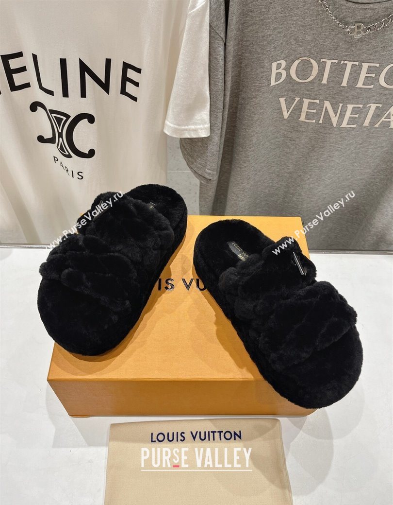 Louis Vuitton LV Bliss Comfort Shearling Platform Slides Sandal Black 2025 LV082906 (MD-250829115)