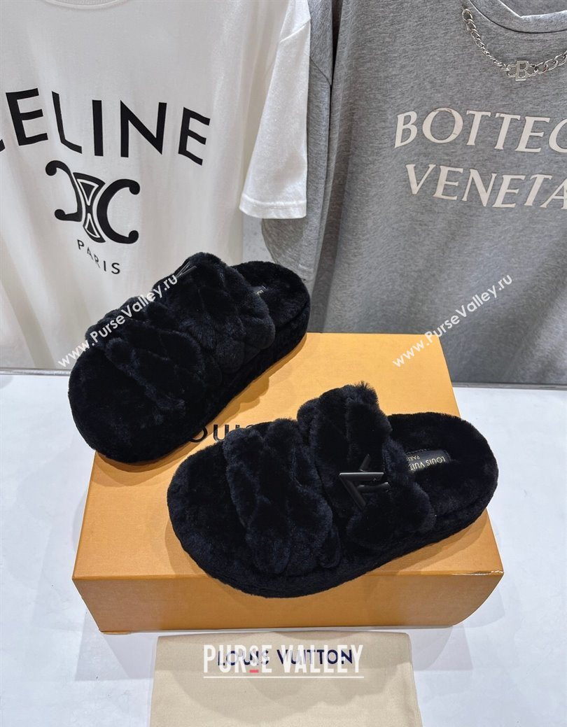 Louis Vuitton LV Bliss Comfort Shearling Platform Slides Sandal Black 2025 LV082906 (MD-250829115)