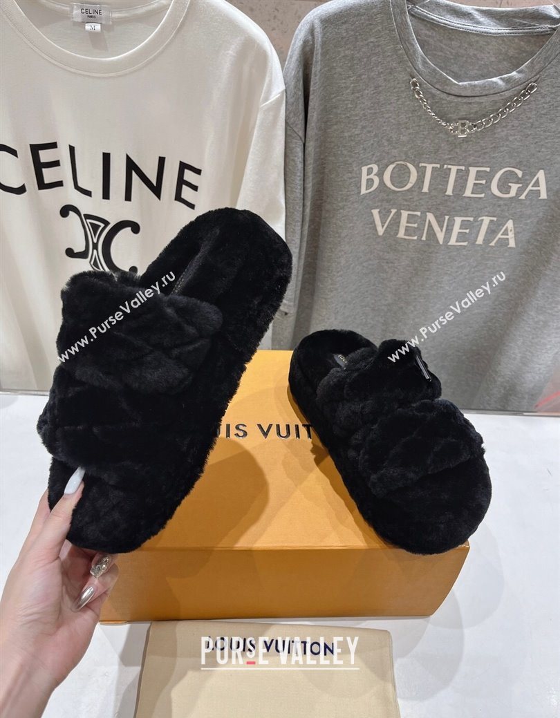 Louis Vuitton LV Bliss Comfort Shearling Platform Slides Sandal Black 2025 LV082906 (MD-250829115)