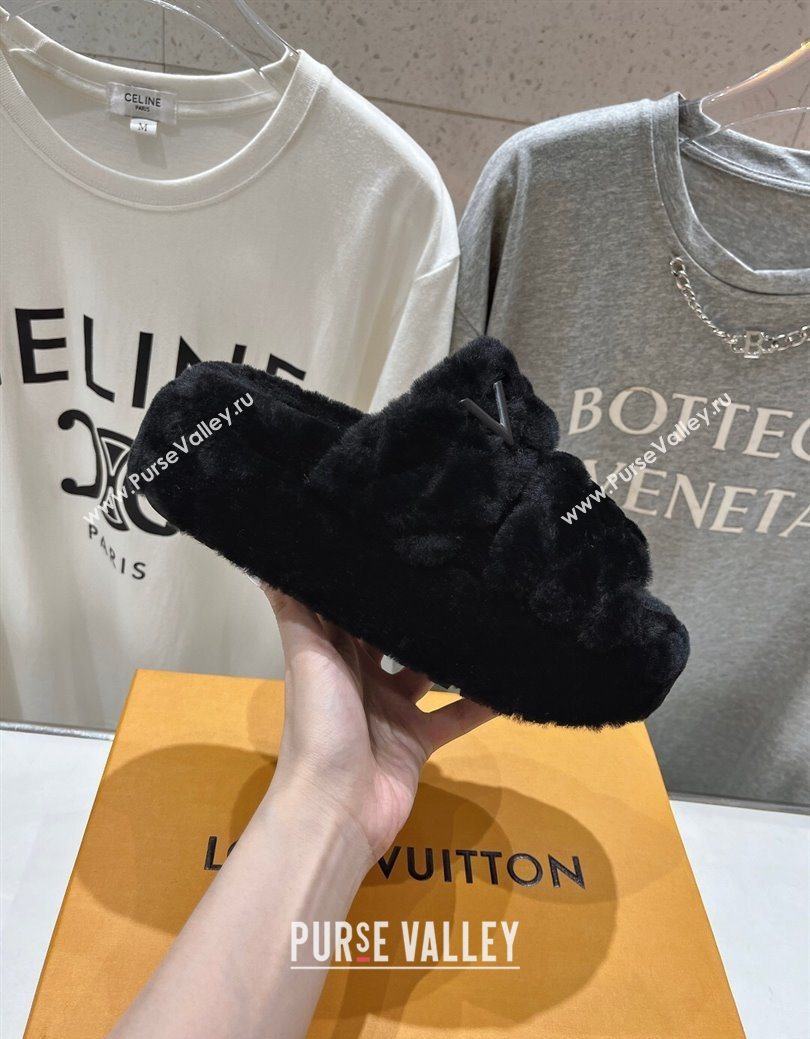 Louis Vuitton LV Bliss Comfort Shearling Platform Slides Sandal Black 2025 LV082906 (MD-250829115)