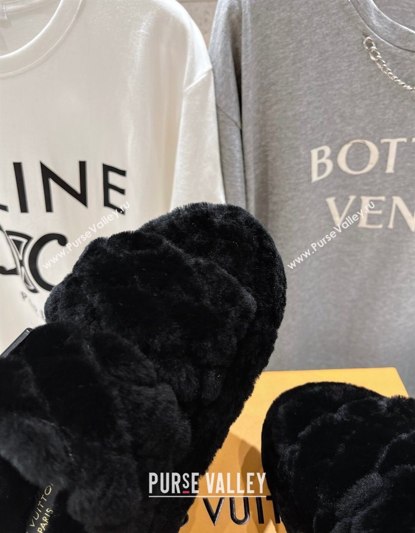 Louis Vuitton LV Bliss Comfort Shearling Platform Slides Sandal Black 2025 LV082906 (MD-250829115)