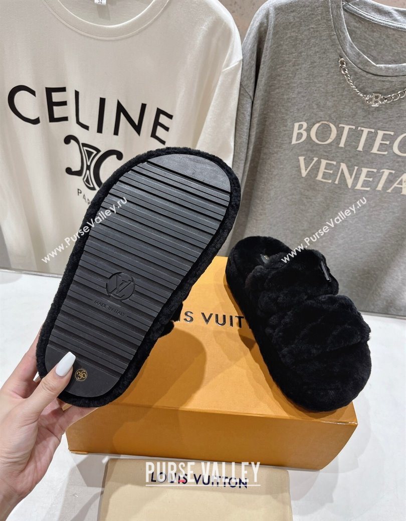 Louis Vuitton LV Bliss Comfort Shearling Platform Slides Sandal Black 2025 LV082906 (MD-250829115)