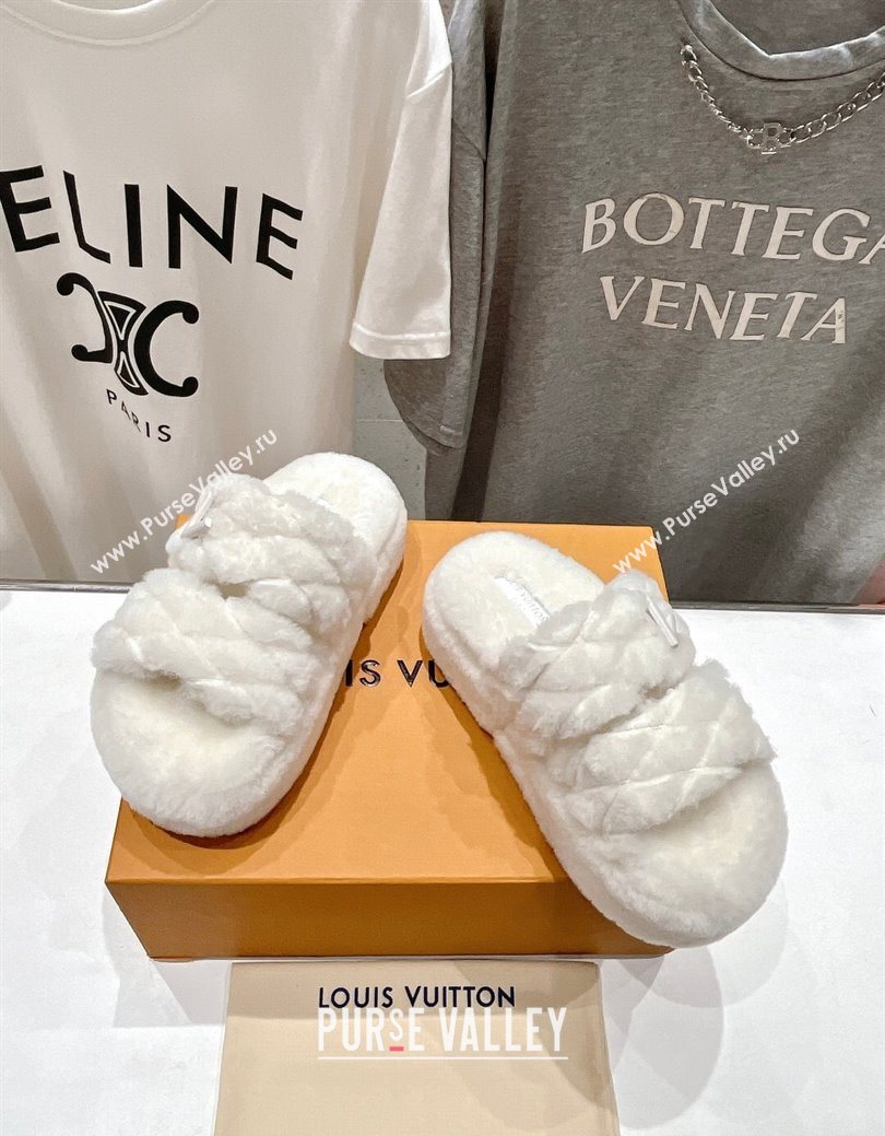 Louis Vuitton LV Bliss Comfort Shearling Platform Slides Sandal White 2025 LV082906 (MD-250829116)