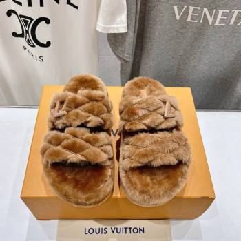 Louis Vuitton LV Bliss Comfort Shearling Platform Slides Sandal Brown 2025 LV082906 (MD-250829117)