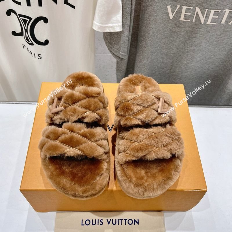 Louis Vuitton LV Bliss Comfort Shearling Platform Slides Sandal Brown 2025 LV082906 (MD-250829117)