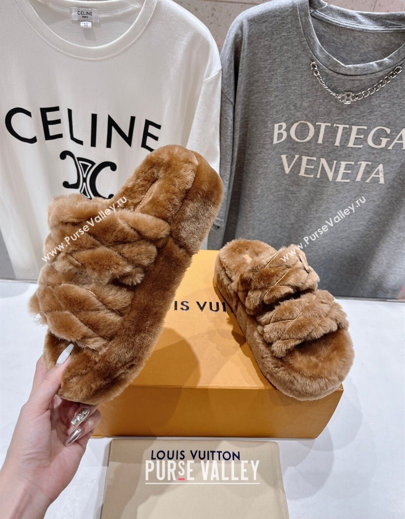 Louis Vuitton LV Bliss Comfort Shearling Platform Slides Sandal Brown 2025 LV082906 (MD-250829117)