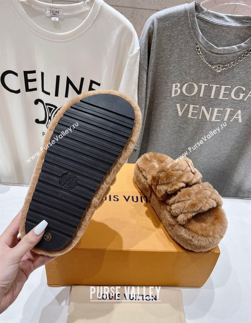 Louis Vuitton LV Bliss Comfort Shearling Platform Slides Sandal Brown 2025 LV082906 (MD-250829117)