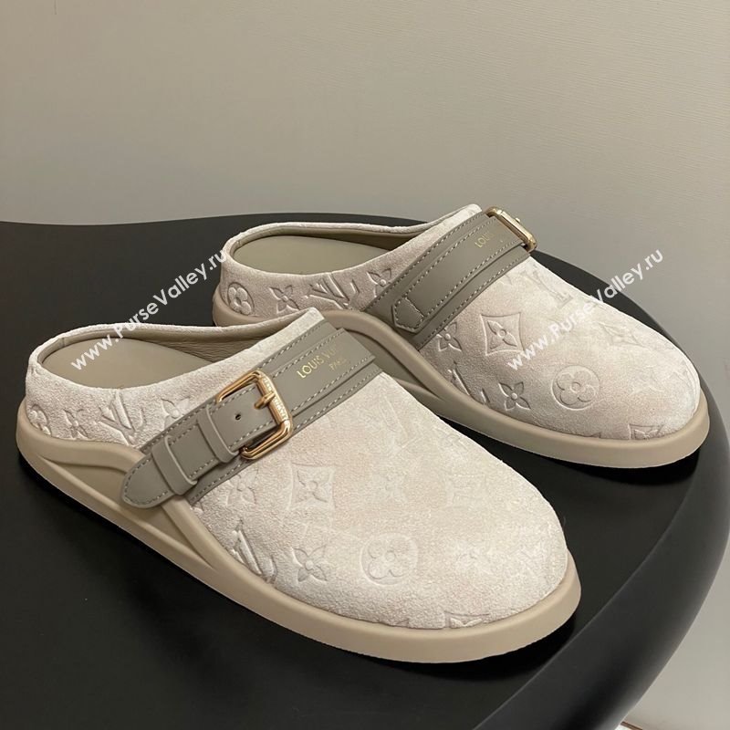 Louis Vuitton LV To-Go Flat Comfort Clog Mules in Suede with Buckle Beige Grey 2025 1AHLVU (MD-250829086)