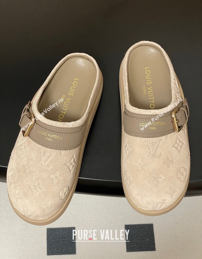 Louis Vuitton LV To-Go Flat Comfort Clog Mules in Suede with Buckle Beige Grey 2025 1AHLVU (MD-250829086)