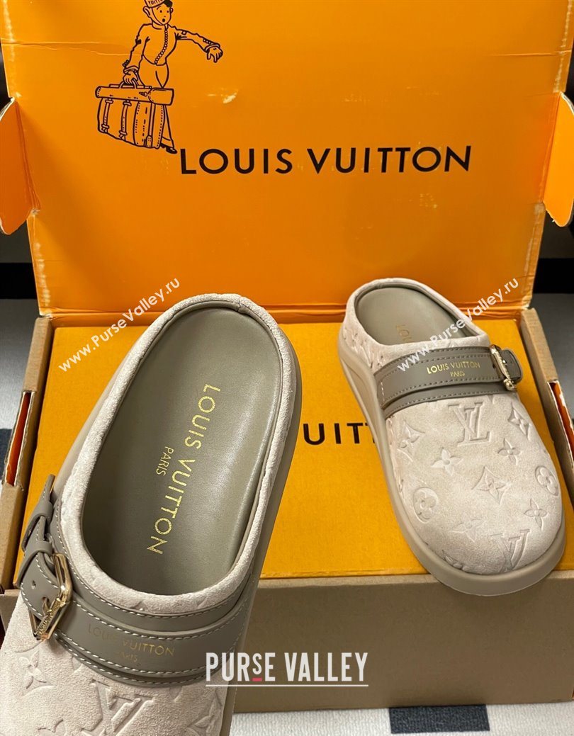 Louis Vuitton LV To-Go Flat Comfort Clog Mules in Suede with Buckle Beige Grey 2025 1AHLVU (MD-250829086)