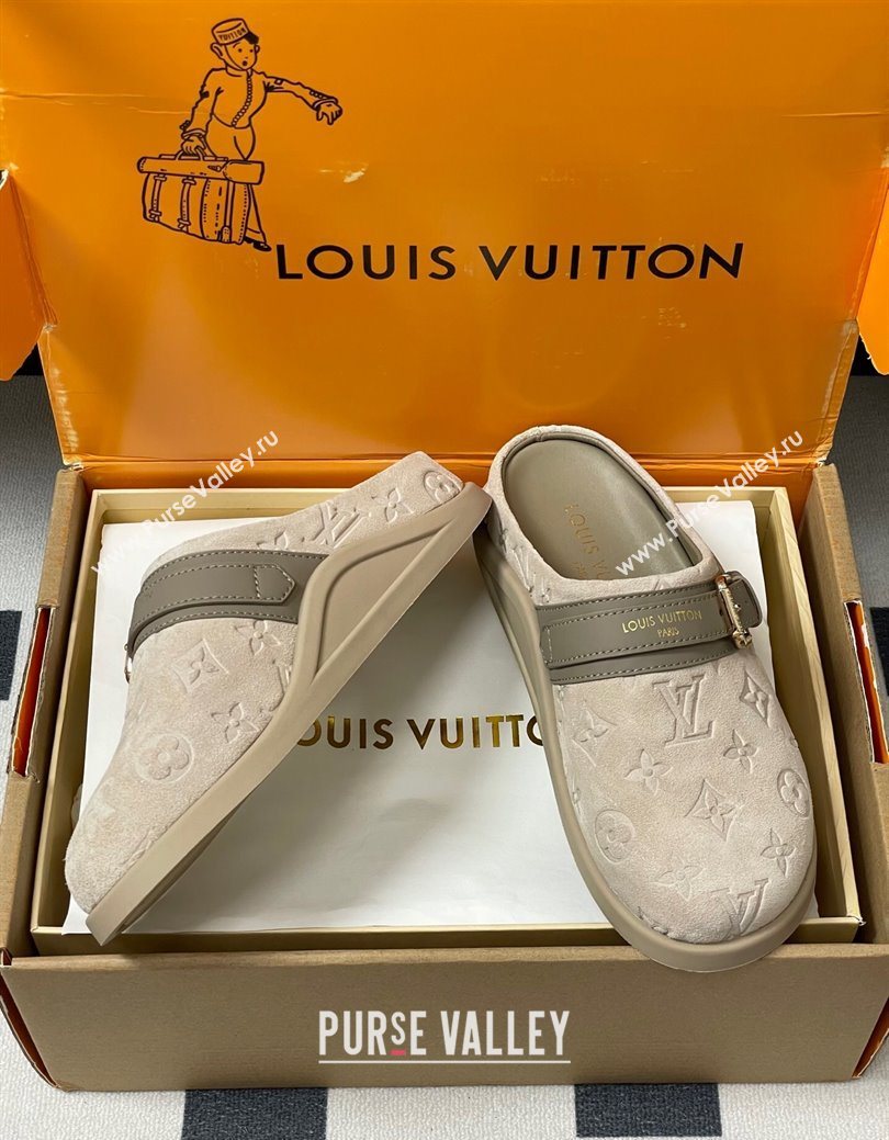 Louis Vuitton LV To-Go Flat Comfort Clog Mules in Suede with Buckle Beige Grey 2025 1AHLVU (MD-250829086)