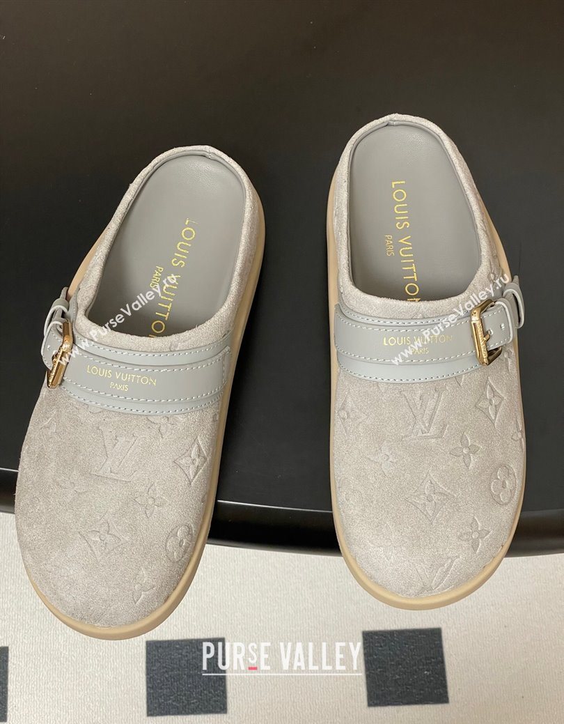 Louis Vuitton LV To-Go Flat Comfort Clog Mules in Suede with Buckle Grey2 2025 1AHLVU (MD-250829087)