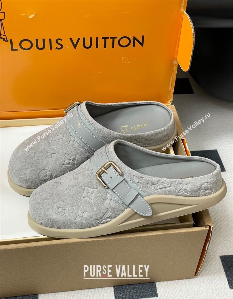 Louis Vuitton LV To-Go Flat Comfort Clog Mules in Suede with Buckle Grey2 2025 1AHLVU (MD-250829087)