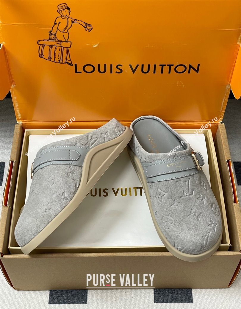 Louis Vuitton LV To-Go Flat Comfort Clog Mules in Suede with Buckle Grey2 2025 1AHLVU (MD-250829087)