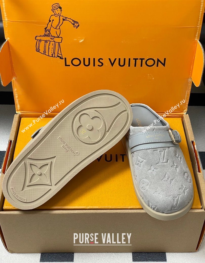 Louis Vuitton LV To-Go Flat Comfort Clog Mules in Suede with Buckle Grey2 2025 1AHLVU (MD-250829087)